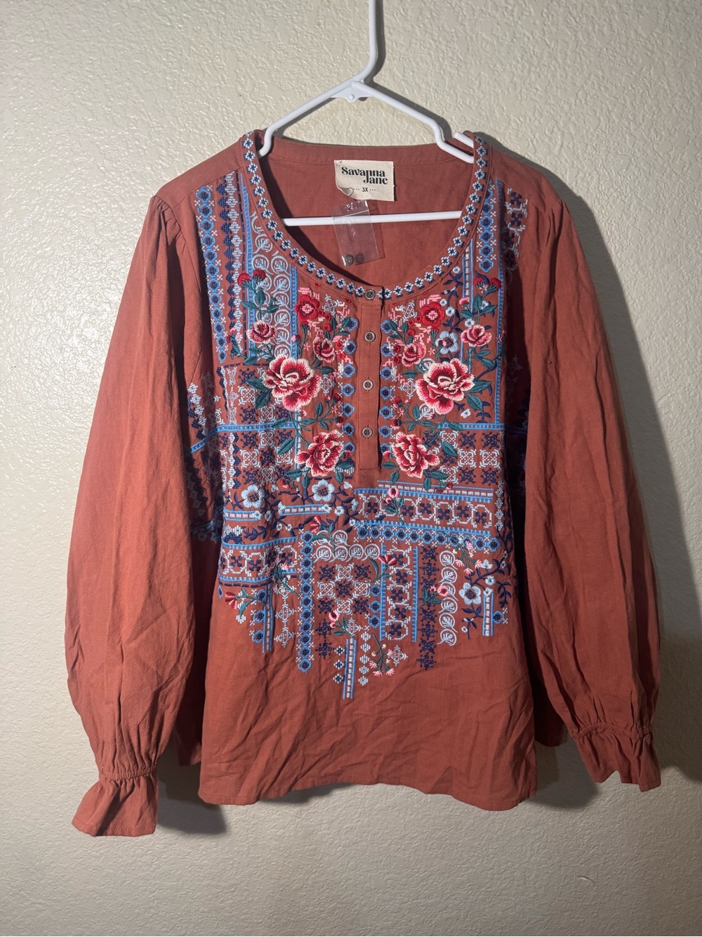 Savanna Jane 3X Embroidered Floral Boho Peasant Top Rust Plus - Picture 6 of 15
